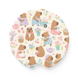 Posavasos para coche con diseño de capibara de jardín / Osos florales caprichosos, inserto para portavasos en tonos pastel