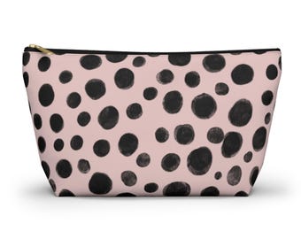 Pochette pour accessoires noire à pois aquarelle | Trousse de maquillage rose
