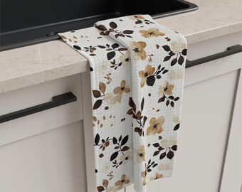 Neutrales Aquarell Blumen Mikrofaser Geschirrtuch | Braun Beige Blumen Muster