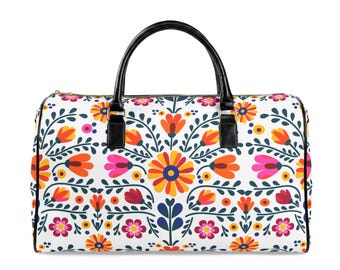 Sac de voyage en similicuir fleuri folk coloré | Sac de sport, motif bohème fleuri