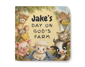 May include: A square children's board book titled Jake's Day on God's Farm, featuring a colorful illustration of a llama, mouse with cheese, pig, sheep in a blue blanket, cat, and goose, with a red barn in the background on a grassy field.