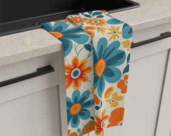 Paño de cocina de microfibra con estampado floral retro en tonos naranja y turquesa / Estampado floral de los años 70