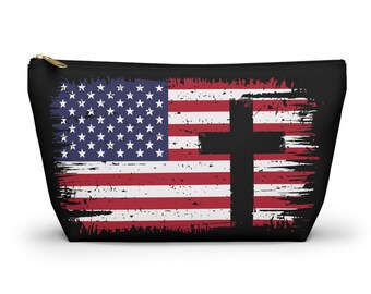Trousse de maquillage avec croix drapeau américain | trousse de toilette patriotique