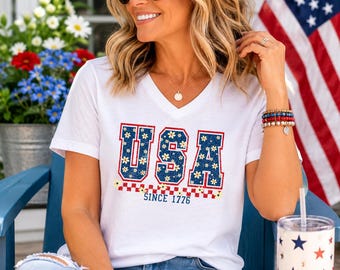 T-shirt à motif étoiles et rayures américaines | T-shirt à col en V | Chemise 4 juillet