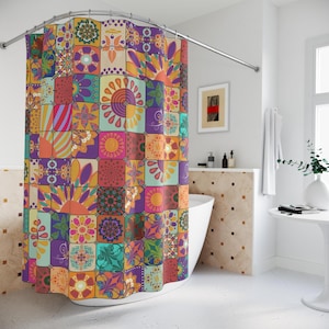 May include: A shower curtain featuring a vibrant patchwork design of square tiles. Each tile displays a unique, colorful pattern including floral motifs, sunbursts, and geometric shapes in shades of orange, purple, teal, yellow, and red.