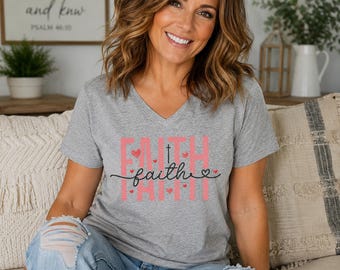 Faith Script Overlay Tee | Faith V Neck Shirt