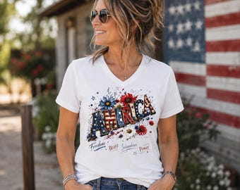 T-shirt à col en V représentant le drapeau américain à fleurs | Maillot patriotique USA 250