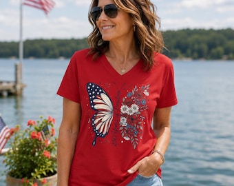 Patriotic Butterfly Floral V Neck Tee | American Flag Shirt