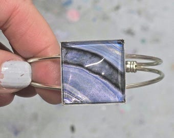 Lavender Dark Blue Silver Cuff Bracelet, Square Abstract Art Jewelry, Handmade Lavender Bracelet, Gift for Her