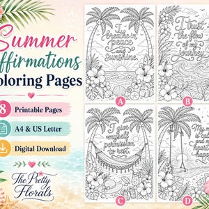 Páginas para colorear con afirmaciones veraniegas, libro para colorear para adultos con temática de playa tropical, palmeras y flores, descarga digital imprimible de 8 páginas