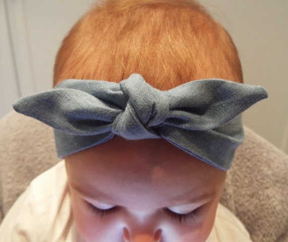 BLUE DENIM WHITE DAISIES HEADWRAP HAIR WRAP BANDANA SELF TIE HAIR BOW HEADBAND