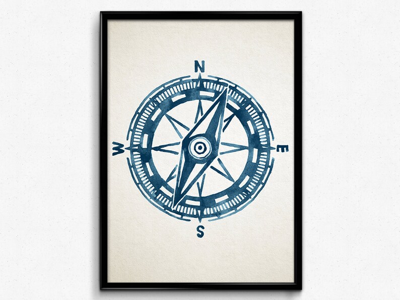 Compass Wall Art Print Blue Watercolor Nautical Wall Decor Etsy