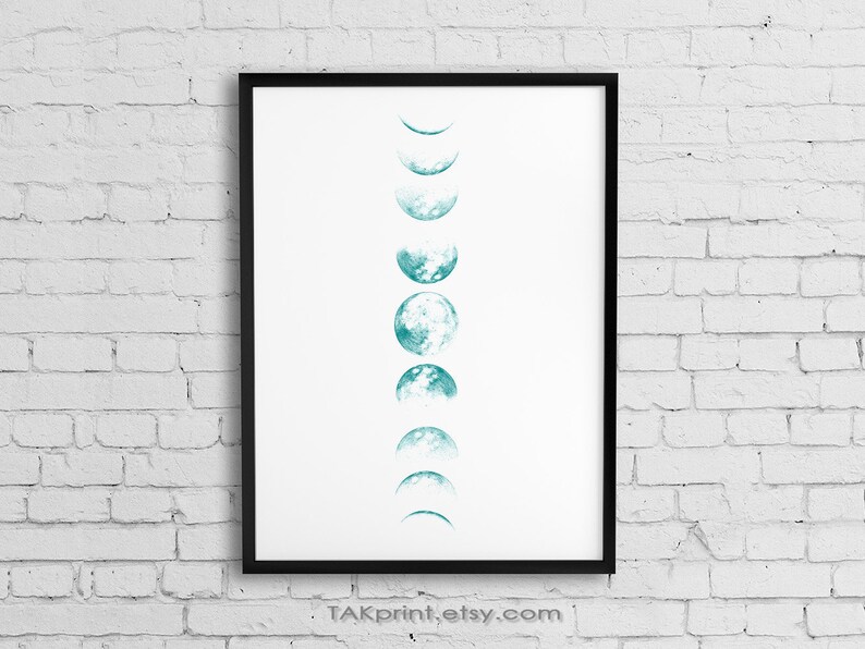 Teal Moon Print Lunar Phases Wall Art Living room wall decor | Etsy
