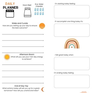 May include: A white daily planner with sections for daily reflection. Includes prompts for morning, afternoon, and evening, with space for notes. Features a calendar icon, water checklist, and a rainbow graphic.