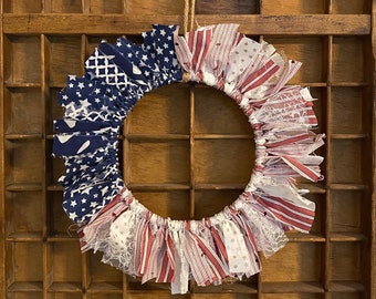 Red White Blue Americana Fabric Rag Wreath/ Small American Flag Wreath/ America Decor/ USA Decor/ 4th of July/ Veteran's Day