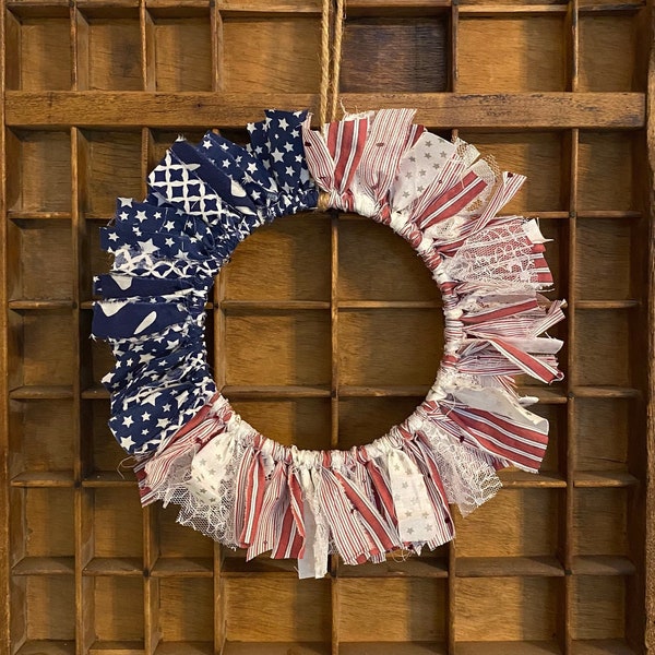 Red White Blue Americana Fabric Rag Wreath/ Small American Flag Wreath/ America Decor/ USA Decor/ Everyday wreath