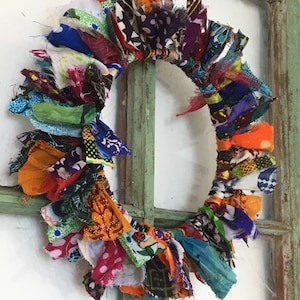 Multicolored Boho Fabric Rag Wreath/10” Diameter/ Small Colorful Wreath/ Boho Decor/ Upcycled Wreath/