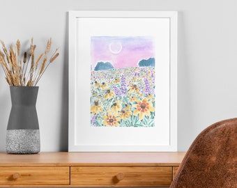 Wildflowers Art Print | Floral Watercolor Painting | Moonlit Fields | Art for Nursery | Art Wall | Boho Decor | Travel Print | Southwest Art