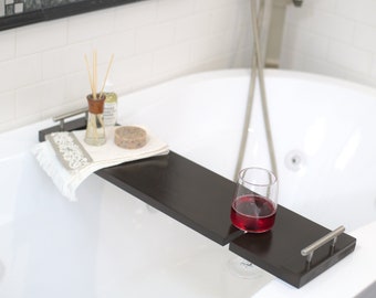 Kona - Brushed Nickle Wooden Bath Tray/ Wood Bathtub Board/ Wine Rack/ Spa/ Valentines/ Anniversary/ Bath Caddy/ Bathroom Decor/ Wine Holder