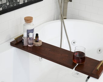 Brass/Gold Wooden Bath Tray/ Wood Bathtub Board/ Wine Rack/ Spa/ Valentines/ Anniversary/ Bath Caddy/ Bathroom Decor/ Wine/Tablet Holder
