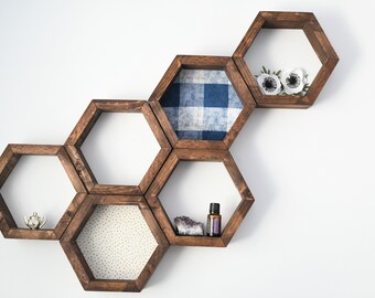Hexagon wooden wall shelves - boho decor - office decor - wall decor - dark walnut decor - rustic decor - farm house decor - modern decor