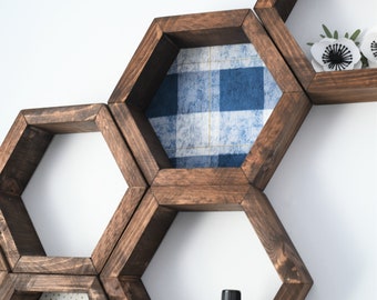 Hexagon wooden wall shelves - boho decor - office decor - wall decor - dark walnut decor - rustic decor - farm house decor - modern decor