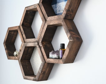 Hexagon wooden wall shelves - boho decor - office decor - wall decor - dark walnut decor - rustic decor - farm house decor - modern decor