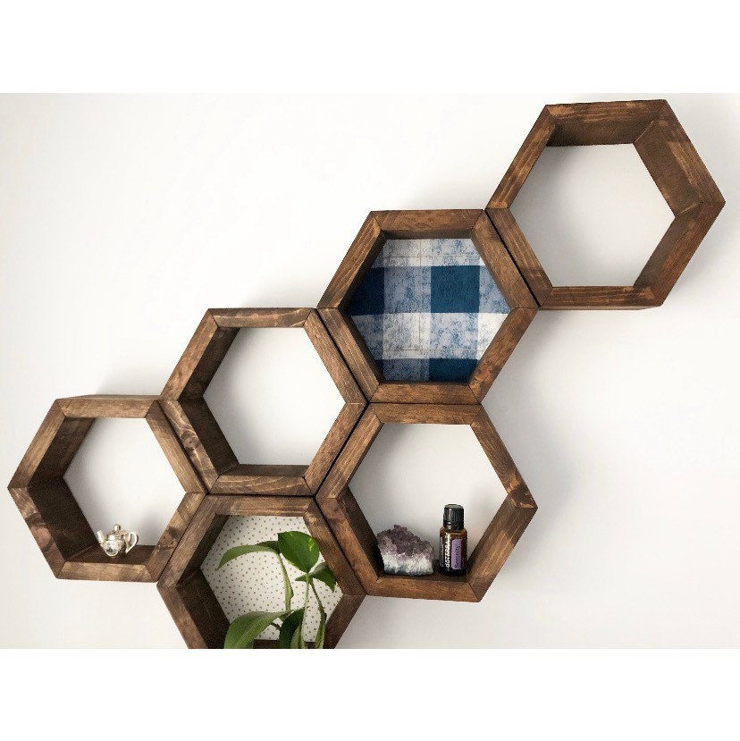 Hexagon Wooden Wall Shelves Boho Decor Office Decor Wall Etsy