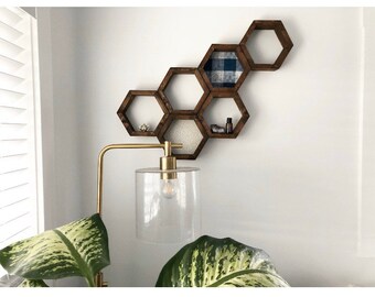 Hexagon wooden wall shelves - boho decor - office decor - wall decor - dark walnut decor - rustic decor - farm house decor - modern decor