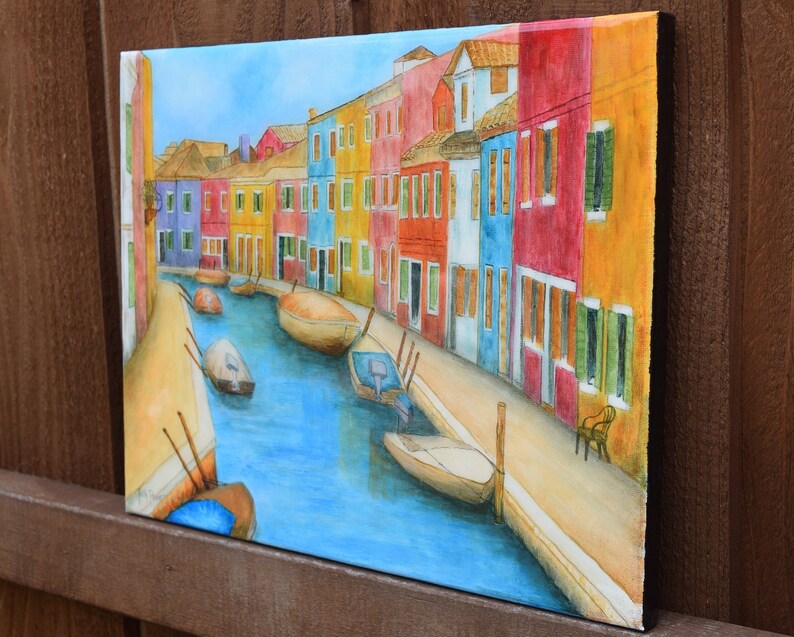 Italy....Colorful City hand painted on 11 x 14 Canvas Burano