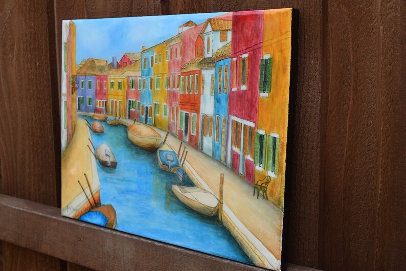 Italy....Colorful City hand painted on 11 x 14 Canvas Burano