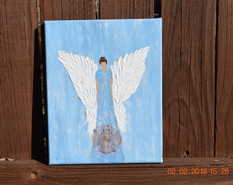 Angel to Watch Over Me for Firefighters handpainted on an 8x10 Canvas
