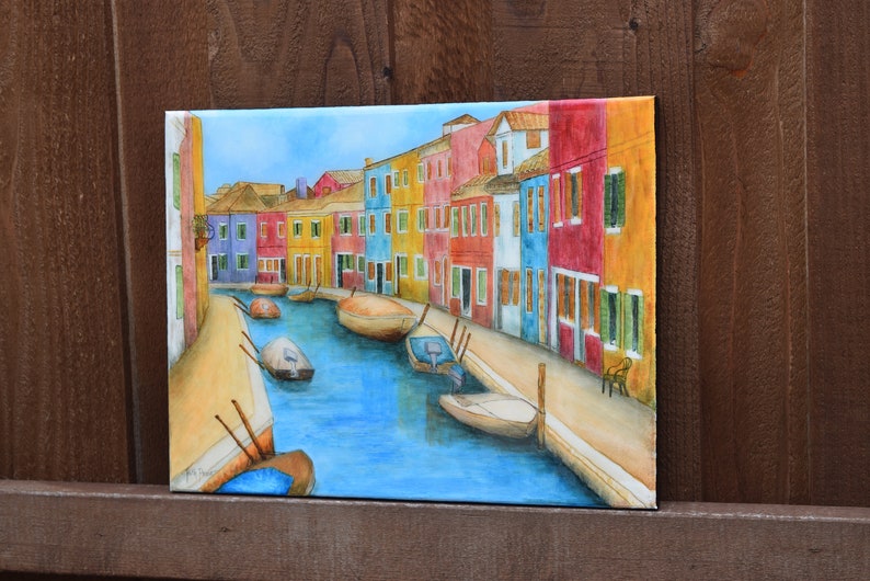 Italy....Colorful City hand painted on 11 x 14 Canvas Burano