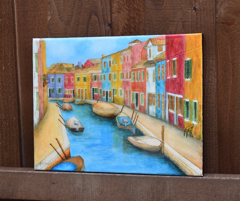 Italy....Colorful City hand painted on 11 x 14 Canvas Burano
