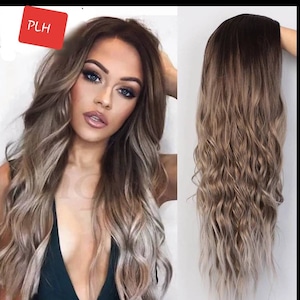 Ombre Wig Natural Part • Human Hair blend Ombre pruiken• Wavy Hittebestendige pruik voor vrouwen 26inches gekleurde pruik stijlvol• pruik krullende pruik
