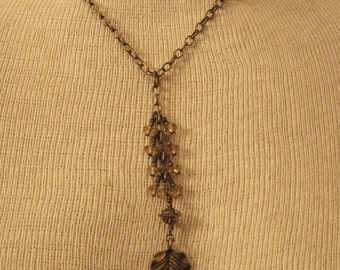 Brass Toned Beaded Necklace Leaf Focal Bead Chinese Crystals