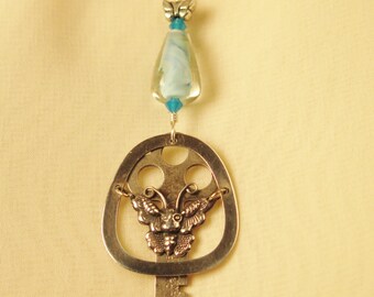 Vintage Key Necklace Silver Toned Beaded Vintage Encased Glass Bead Butterfly  Swarovski Crystals