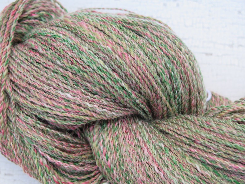 May include: A skein of yarn in shades of green, pink, and white. The yarn is a blend of wool and silk, and it has a soft, fuzzy texture.