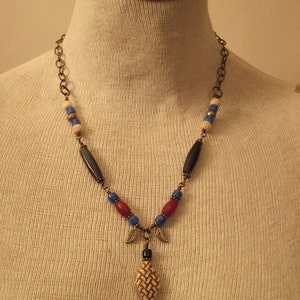 Necklace Beaded African Horn Carved Bone Ceramic Bead Brass Tone