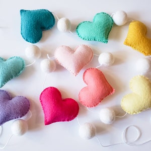 Rainbow, Felt Heart Garland, Multi-Color, Handmade Valentine&#39;s Day Banner, Craft Room, Bedroom, Nursery or Holiday Decor! FREE SHIPPING