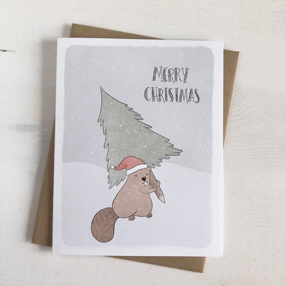 Merry Christmas Beaver Christmas Card Woodland Christmas | Etsy