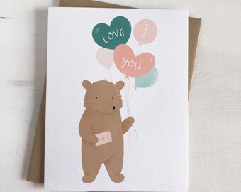 I Love You Balloons - Love Anniversary Valentines Cute Bear Greeting Card, Handmade, NOT AI
