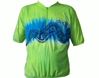 Maillot de cyclisme pour hommes teint en cravate vert pomme et bleu céruléen peint à la main