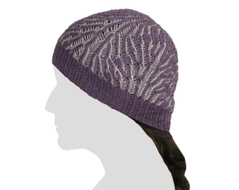 Handknit Hand-dyed Reversible Lavender and White Wool Blend Beanie