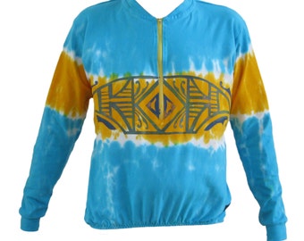 À manches longues vélo Jersey peint à la main pour hommes Tie-Dye Turquoise et jaune