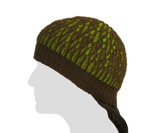 Handknit Hand-dyed Lime Green and Brown Reversible Superwash Wool Beanie
