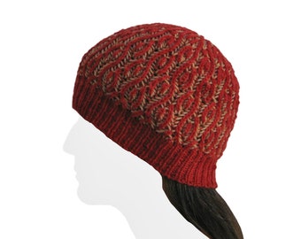 Handknit Hand-dyed Tan and Red Reversible Superwash Wool Beanie