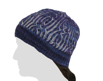 Handknit  Purple and White Reversible Virgin Wool Beanie