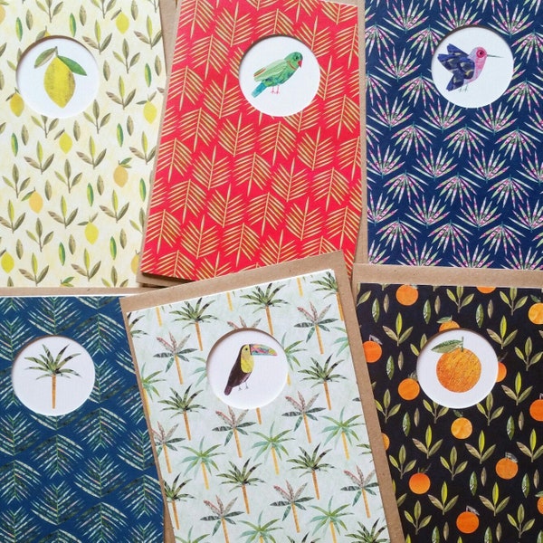 PACK OF 6 Tropical Greeting Cards, Parakeet, Palm Tree, Hummingbird, Toucan, Orange, Lemon, Notecard, Collage, Set of 6