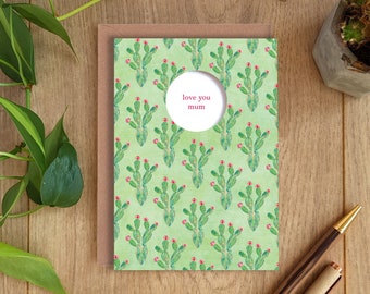 CACTI MUM Greeting Card, Love You Mum Card, Botanical Cactus Pattern Card, Flowering Cacti, Mother's Day, Collage, Illustrated, Die Cut